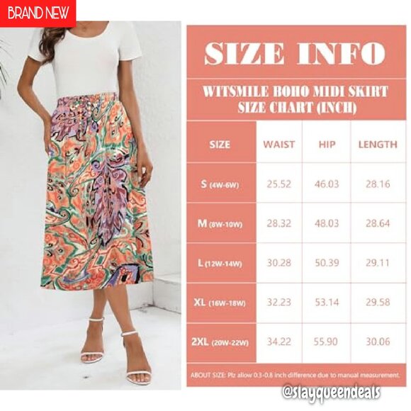 Boho Midi Skirt with Pockets High Waisted A-Line Summer Beach Cover Up - Picture 5 of 7